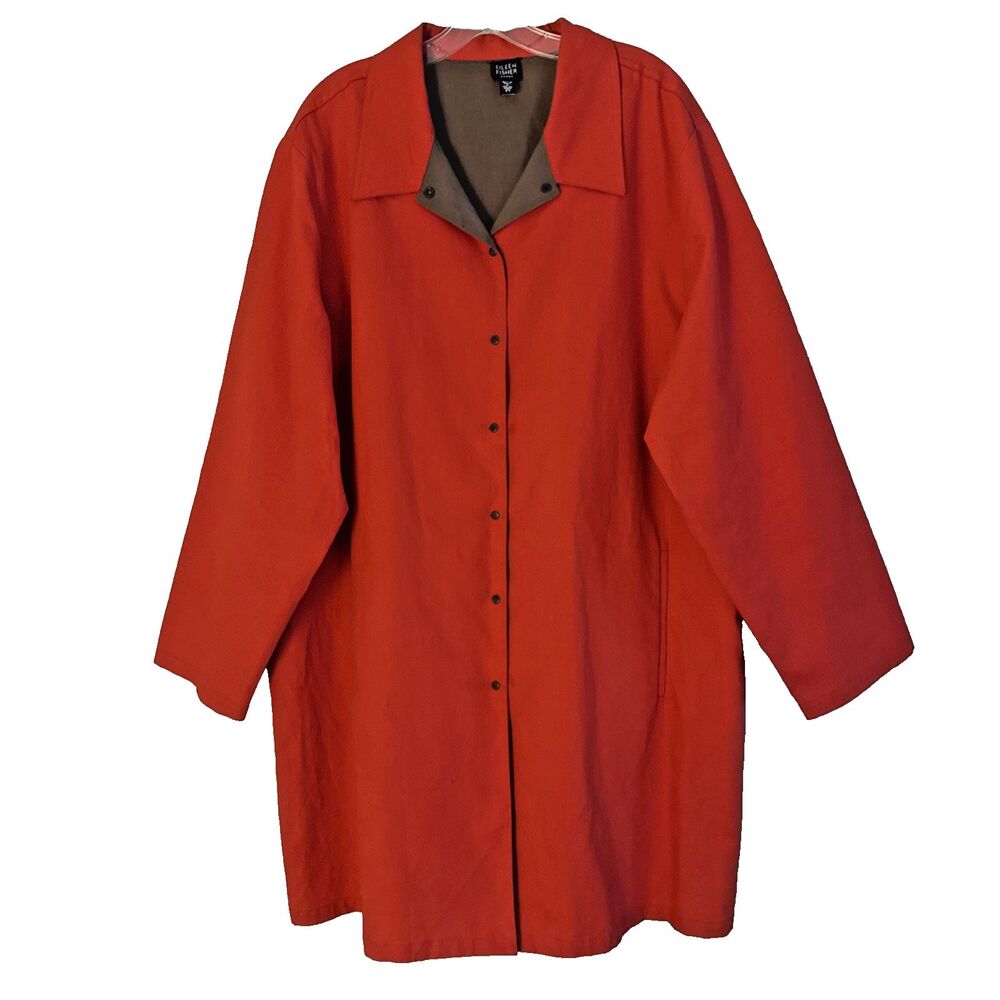 Eileen Fisher Trench Coat Plus Size 2X Red Khaki Snap Close Lightweight FLAW